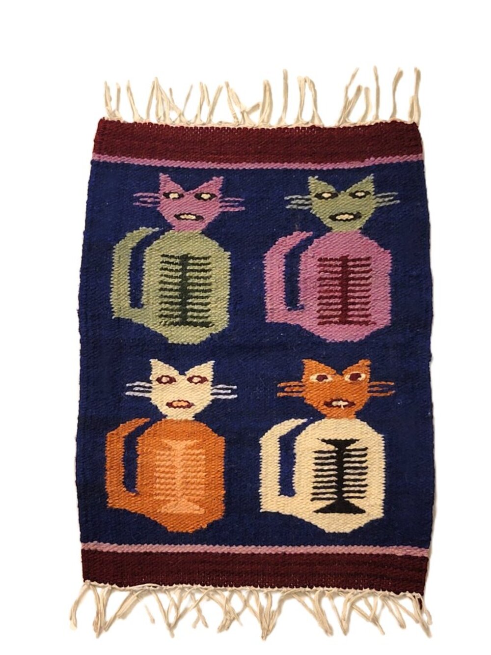 Vintage Woven Wool Tapestry Mini Rug Placemat Folk Art Cats 16"x11.5"